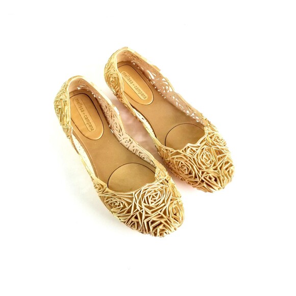 MELISSA x Campana Fitas II Ballerina Rose Floral Ballet Flats Metallic Gold Sz 9 - Picture 1 of 15